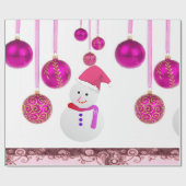 kerstpapier Roze ballen Snowman Cadeaupapier (Vlak)