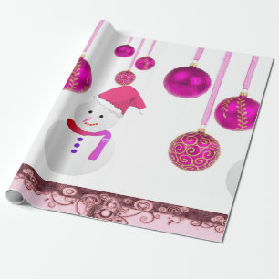 kerstpapier Roze ballen Snowman Cadeaupapier