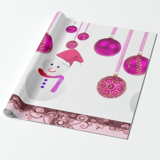 kerstpapier Roze ballen Snowman Cadeaupapier (Uitgerold)