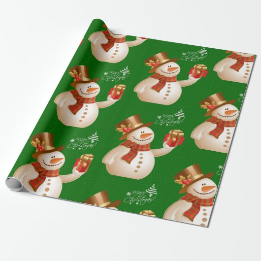 kerstpapier Snowman Green Cadeaupapier (Uitgerold)