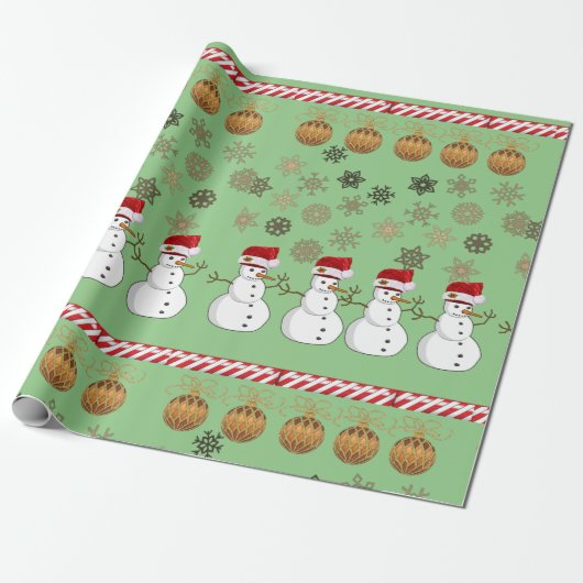 kerstpapier Snowman Green Cadeaupapier (Uitgerold)