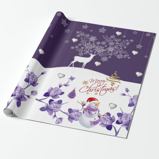 kerstpapier Snowman Paars Cadeaupapier (Uitgerold)