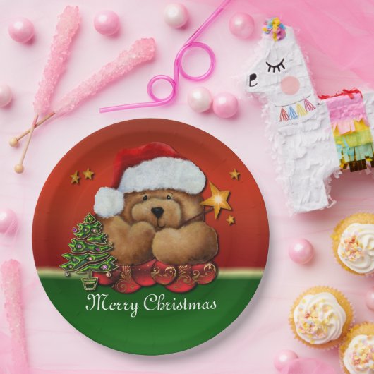 Kerstpapier voor kerstcadeautjes, Beer met kerstca Papieren Bordje (Feest)