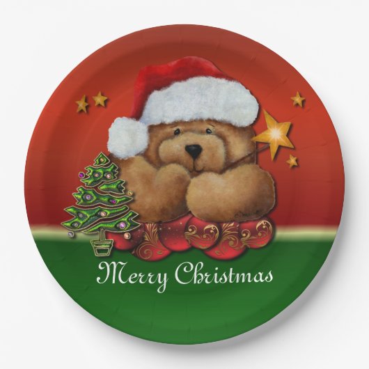 Kerstpapier voor kerstcadeautjes, Beer met kerstca Papieren Bordje (Voorkant)