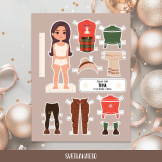 Kerstpapieren pop bruine meisje winterjurk