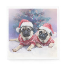 Kerstpapieren servet met twee schattige pugs