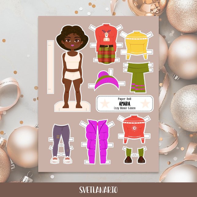 Kerstpapierpop Zwarte Meisje Winterkleren (Creator heeft geüpload)