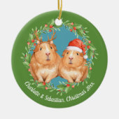 Kerstparelhoenders Santa en Reindeer Wreate Keramisch Ornament (Voorkant)