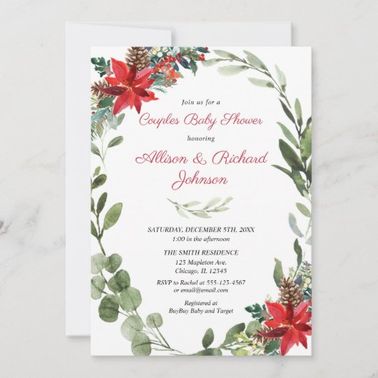 Kerstparen baby shower rode groene krans kaart (Voorkant)