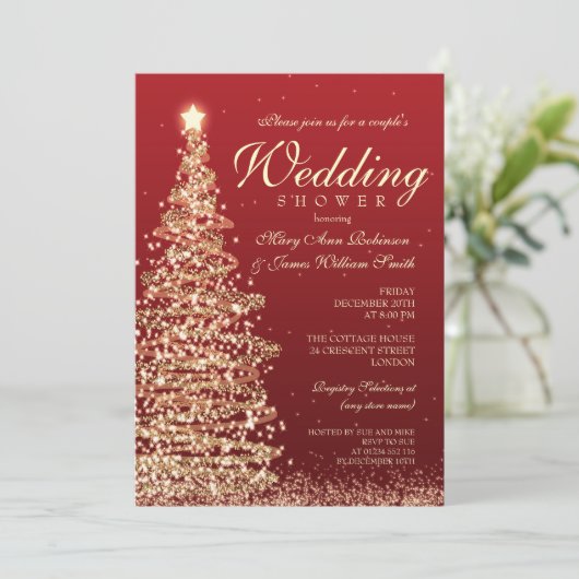 Kerstparen douche rood goud kaart (Staand voorkant)