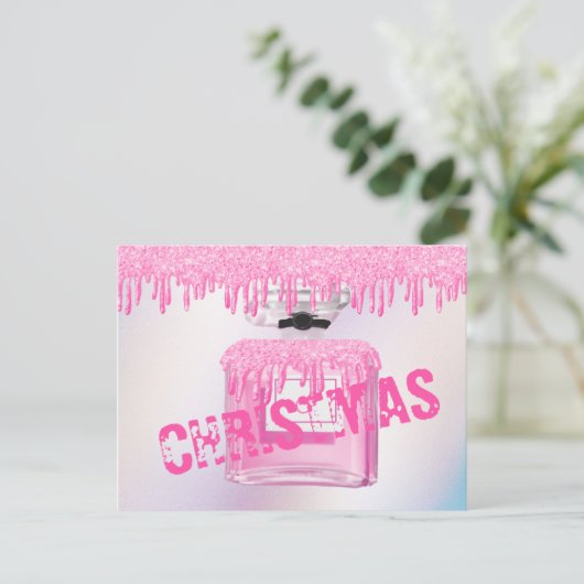 kerstparfum roze glitter Paint Drip Trendy Briefkaart (Staand voorkant)