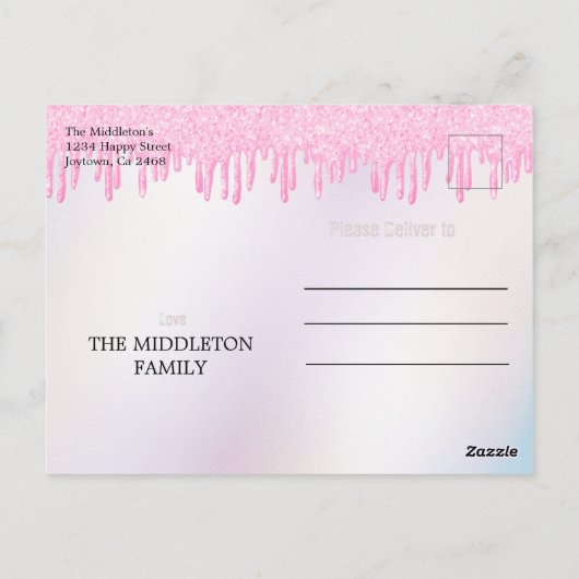 kerstparfum roze glitter Paint Drip Trendy Briefkaart (Achterkant)