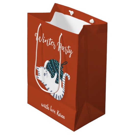 Kerstparty Kerstcadeau Kat  Medium Cadeauzakje (Voorkant Gekanteld)