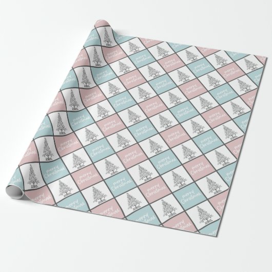 Kerstpasta blauw en roze modern patroon cadeaupapier (Uitgerold)