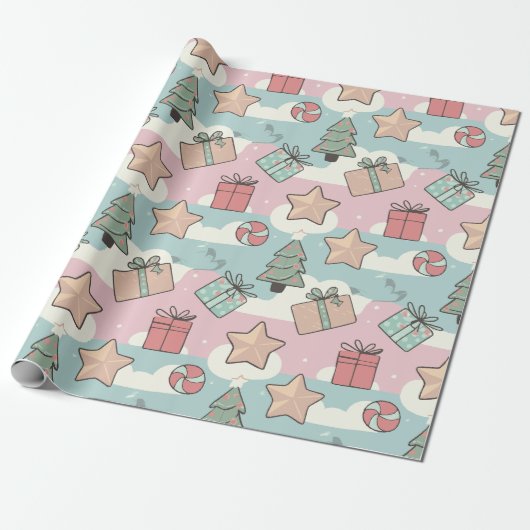 Kerstpastel cadeau sterren en snoep cadeaupapier (Uitgerold)