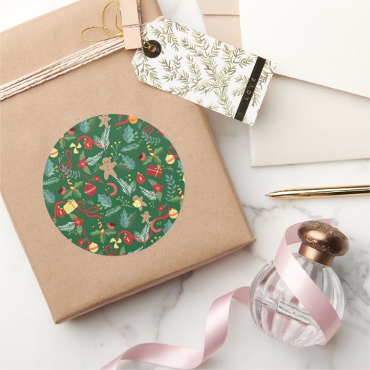 Kerstpatroon 5 ronde sticker (Geschenken)