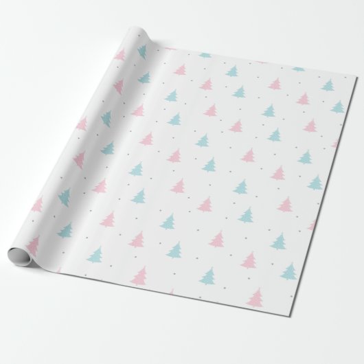 Kerstpatroon blauw, roze sparren cadeaupapier (Uitgerold)