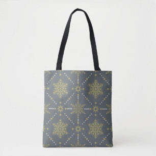 Kerstpatroon grijze en goudsneeuwvlokken tote bag