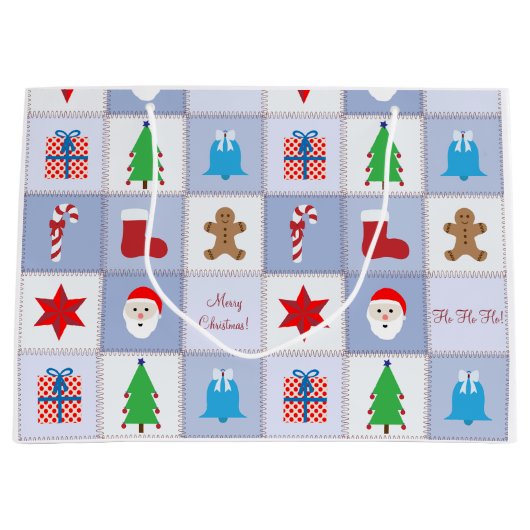 Kerstpatroon Grote Gift Bag - Blauw Large Cadeautasje (Voorkant)