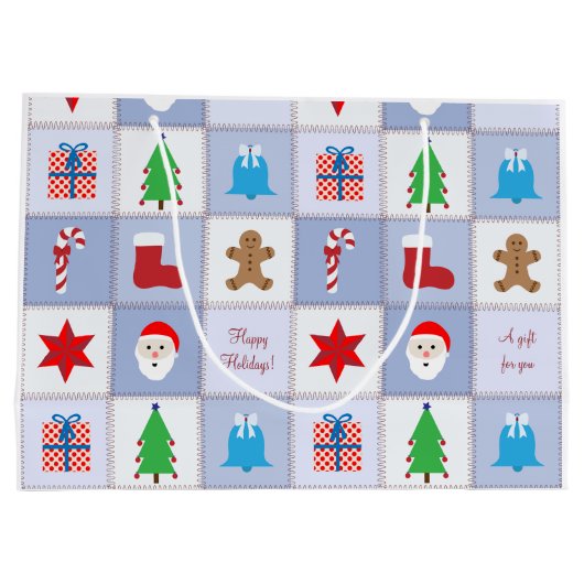 Kerstpatroon Grote Gift Bag - Blauw Large Cadeautasje (Achterkant)