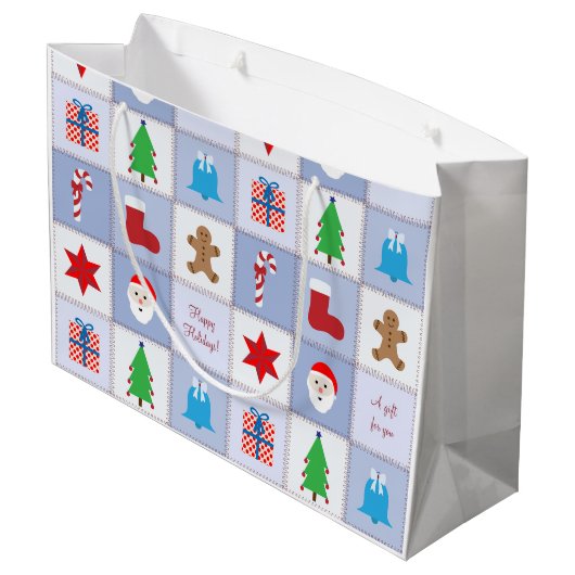 Kerstpatroon Grote Gift Bag - Blauw Large Cadeautasje (Achterkant Gekanteld)