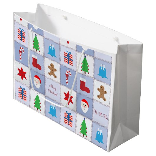 Kerstpatroon Grote Gift Bag - Blauw Large Cadeautasje (Voorkant Gekanteld)