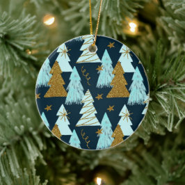 Kerstpatroon met Blauw Goud Sneeuwvlokken & Ster Keramisch Ornament