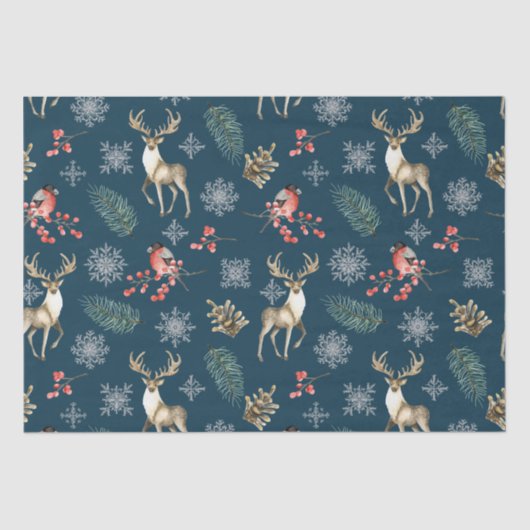 kerstpatroon met Deer & Bullfinches Blue Tissuepapier (Voorkant)