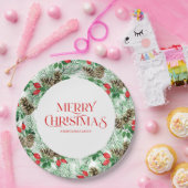kerstpatroon met evergroenen en rode bessen papieren bordje (Feest)