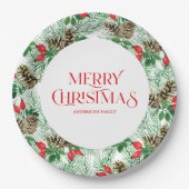 kerstpatroon met evergroenen en rode bessen papieren bordje (Voorkant)