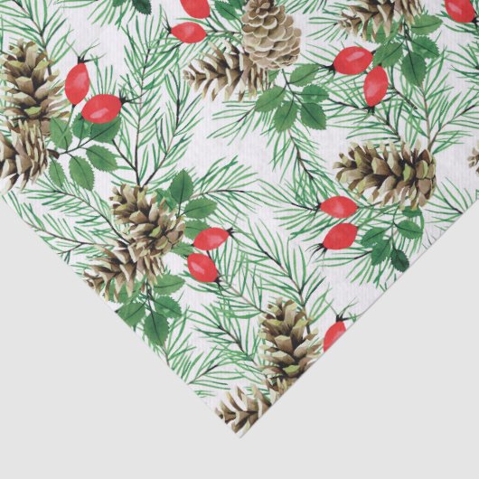 kerstpatroon met evergroenen en rode bessen tissuepapier (Detail)