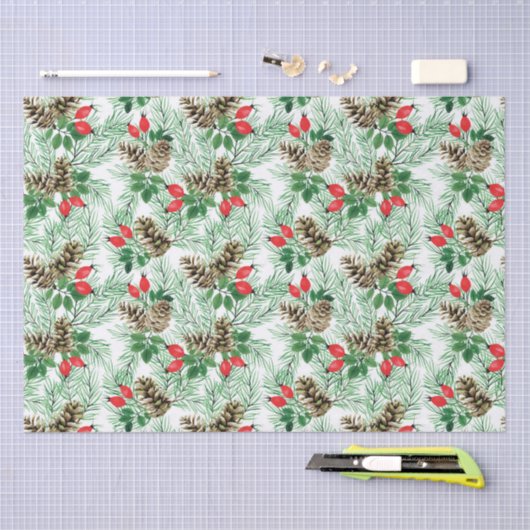 kerstpatroon met evergroenen en rode bessen tissuepapier (Craft)