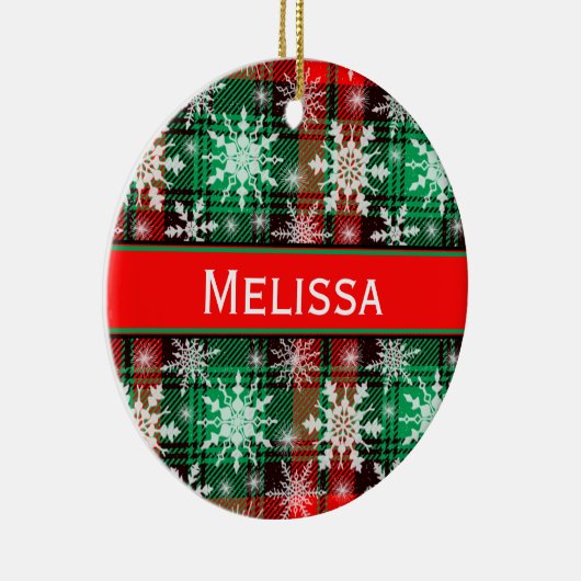 kerstpatroon met geplakt en snowflakes, met naam keramisch ornament (Rechts)