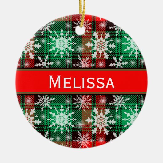 kerstpatroon met geplakt en snowflakes, met naam keramisch ornament (Voorkant)