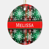 kerstpatroon met geplakt en snowflakes, met naam keramisch ornament (Links)