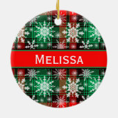 kerstpatroon met geplakt en snowflakes, met naam keramisch ornament (Achterkant)