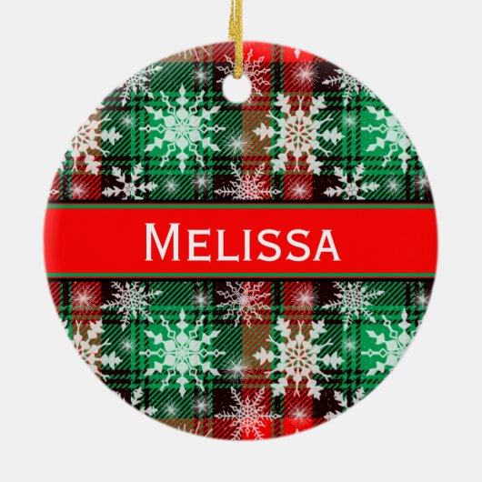 kerstpatroon met geplakt en snowflakes, met naam keramisch ornament (Achterkant)