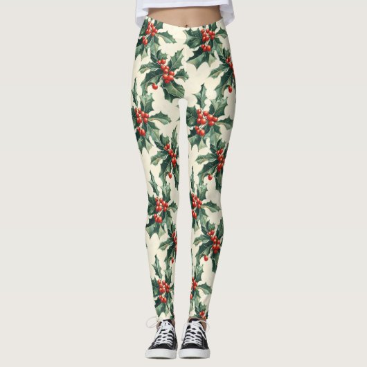 Kerstpatroon met Holly Leaves en Red Berry Leggings (Voorkant)