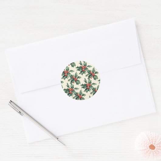Kerstpatroon met Holly Leaves en Red Berry Ronde Sticker (Envelop)