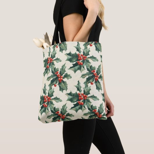 Kerstpatroon met Holly Leaves en Red Berry Tote Bag (Dichtbij)