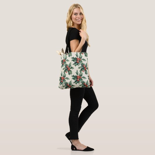 Kerstpatroon met Holly Leaves en Red Berry Tote Bag (Op model)