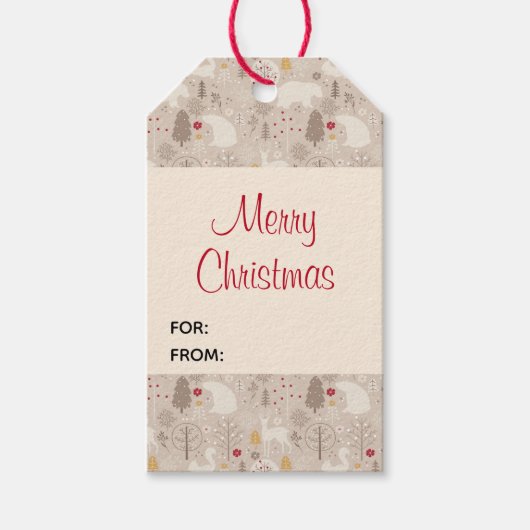 Kerstpatroon met jute Woodland-dieren Cadeaulabel (Voorkant)