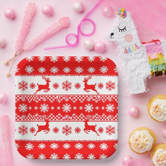 Kerstpatroon met rendieren en sneeuwvlokken papieren bordje (Feest)