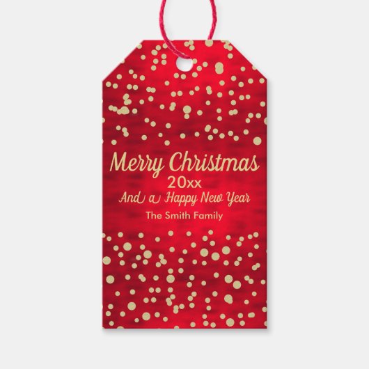 Kerstpatroon met rode en gouden Confetti Cadeaulabel (Voorkant)