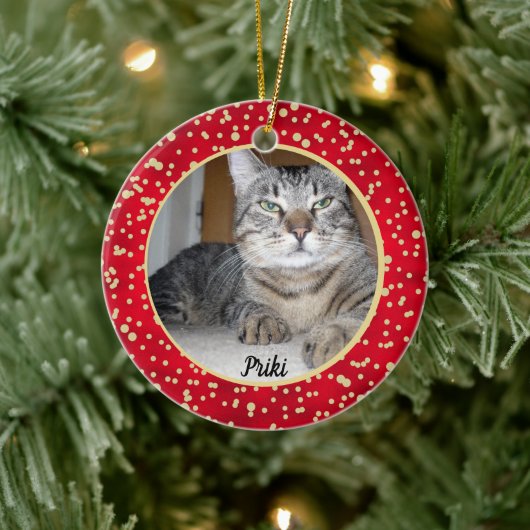 Kerstpatroon met rode en gouden Confetti Keramisch Ornament (Boom)