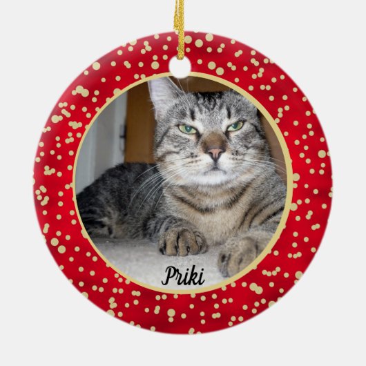 Kerstpatroon met rode en gouden Confetti Keramisch Ornament (Achterkant)