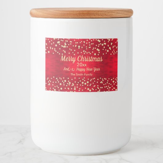 Kerstpatroon met rode en gouden Confetti Voedselcontainer Etiket (Voorkant)