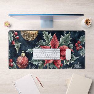 Kerstpatroon met rode poinsettia op marineblauw bureaumat