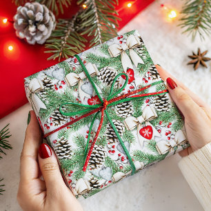 Kerstpatroon met rustieke dennenappels en takken cadeaupapier