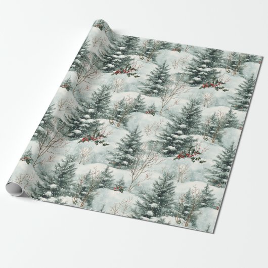 Kerstpatroon met Snowy Forest en Pine bomen Cadeaupapier (Uitgerold)